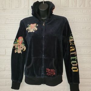 Don Ed Hardy Velvet Black Zip Heart Skull Jacket